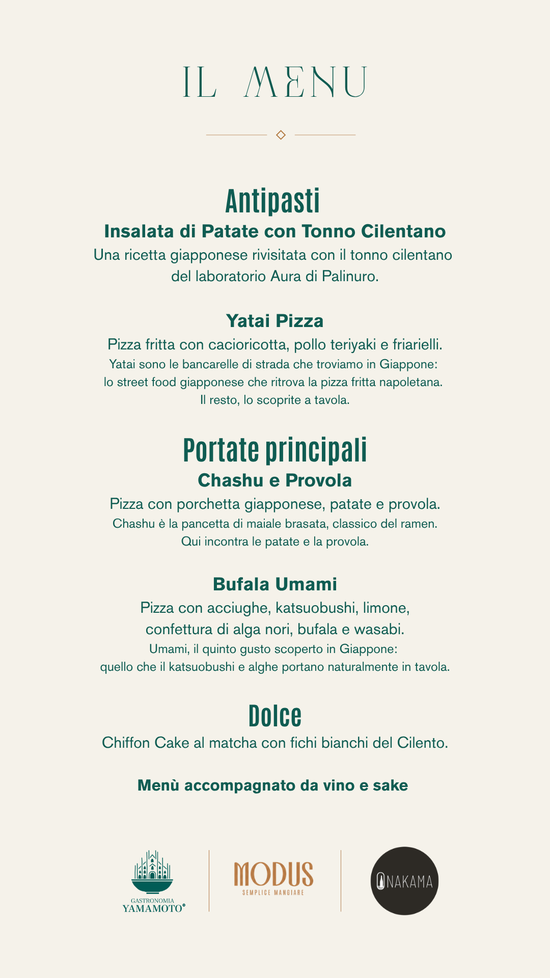 Menu della serata Modus x Yamamoto: Quando il Cilento incontra il Giappone