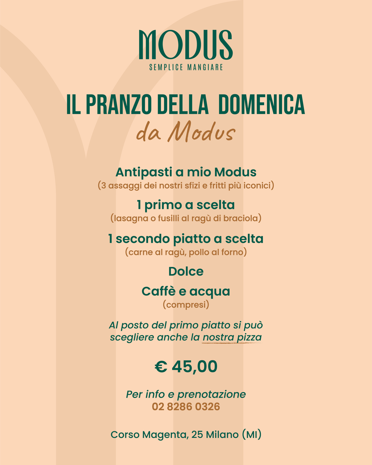 Locandina del pranzo della domenica da Modus, Corso Magenta 25 Milano