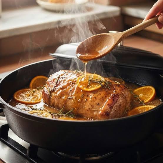 Arrosto con arance in una padella sul fuoco